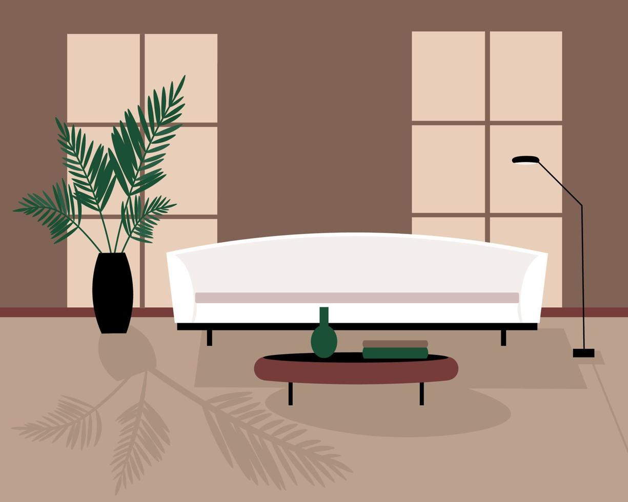 Modern room interior with sofa, windows, coffee table, lamp and houseplant, no people. Flat vector illustration. Cozy room and no one. Illustration overlay or finished image. Vector flat illustration
