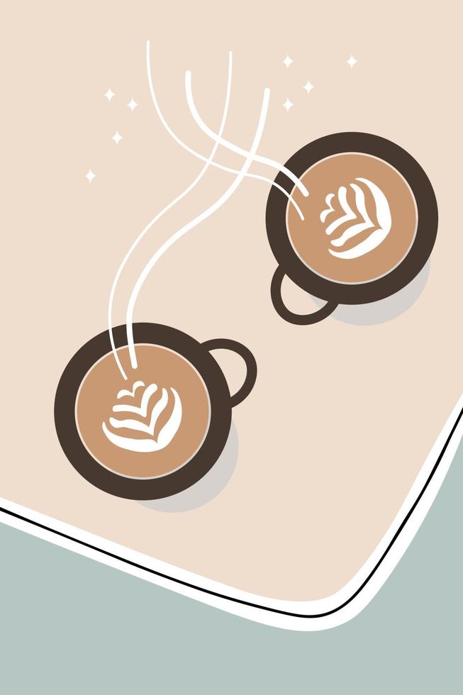 Coffee talk. Color image of two cups of hot coffee. Hand drawing. Flat vector illustration.Vertical style, flat lay content