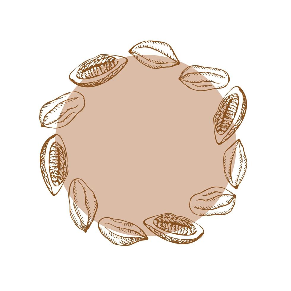 guirnalda marco con cacao semillas beige antecedentes. manojo de cacao frijoles, cacao Fruta cosecha, símbolo. el ramas son dibujado por mano. ornamento para etiqueta, logo, emblema, tarjeta postal. diseño elemento vector