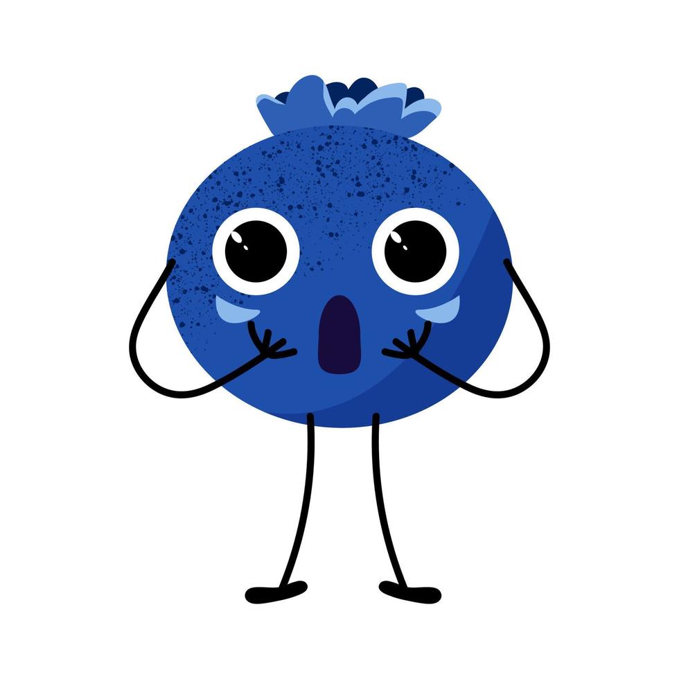 Cute vector blueberry with emotion. Fruity smiley face. Emotion of amazement. White isolated background.