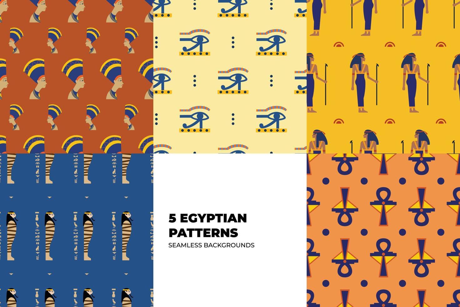 Ancient Egypt seamless pattern set. Hieroglyphic carvings on the exterior walls of an ancient egyptian pattern set. Ancient Egypt murals. Grunge Egypt seamless background set. vector