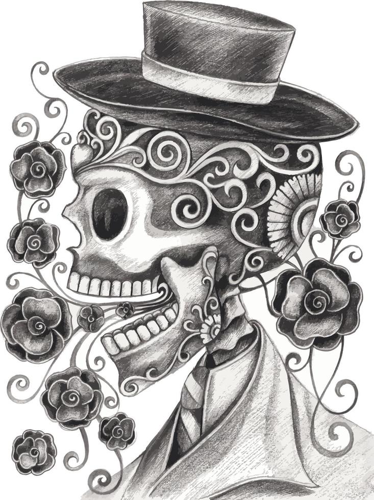 Art fancy skull day of the dead. Hand drawing and make graphic vector. vector