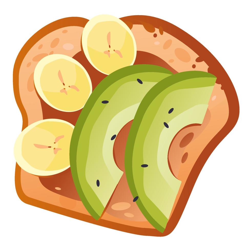 Fruit sandwich. Bread with avocado and bananas. Healthy breakfast. Cartoon vector illustration.