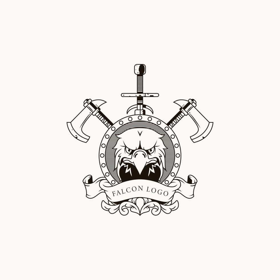 león logo emblema con hacha y espada ornamento vector