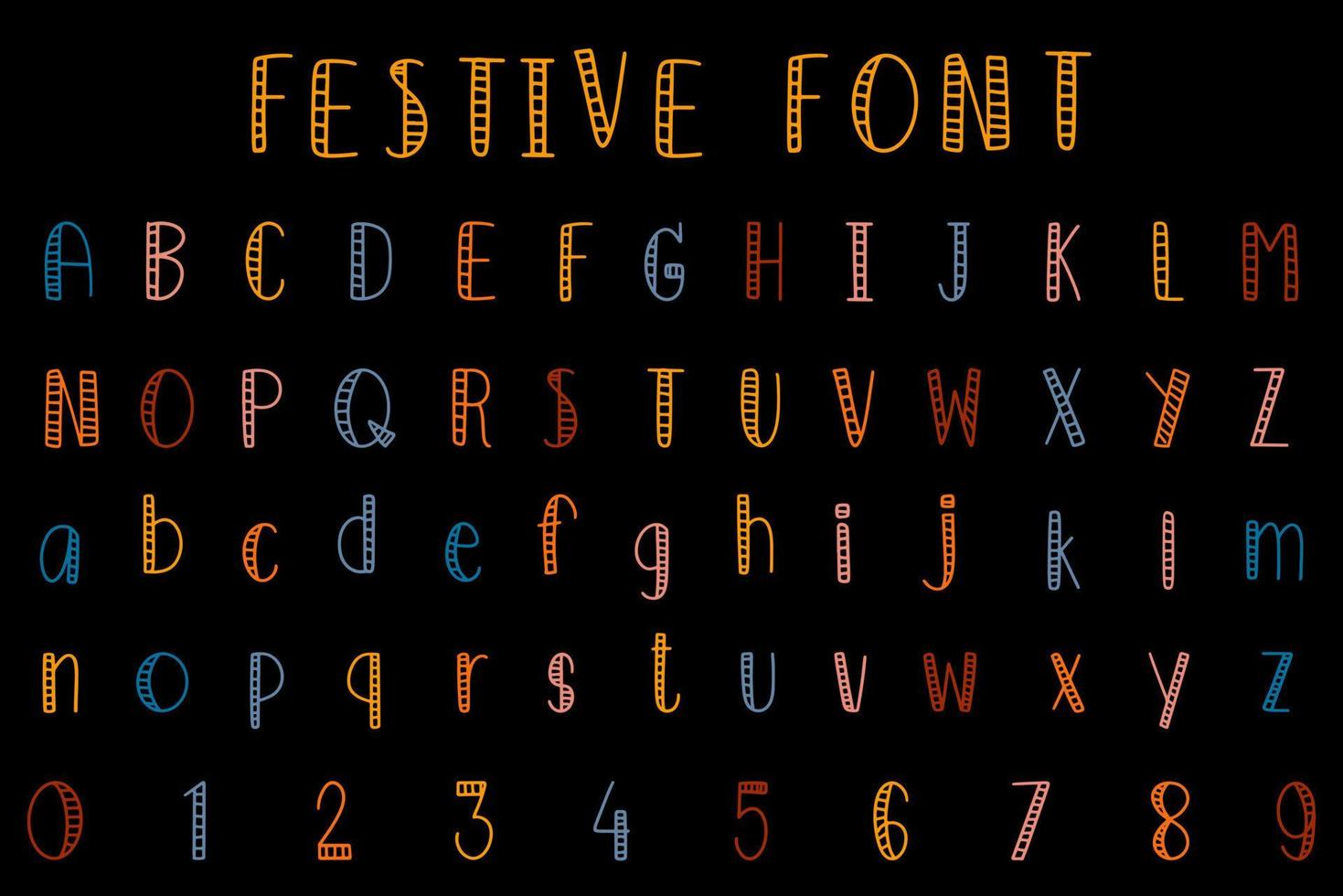 festivo fuente alfabeto letras y números ilustración vector