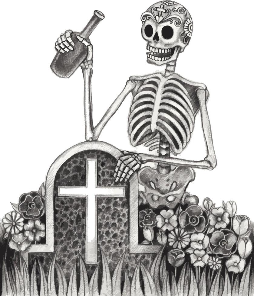 Art celebrate skull day of the dead. Hand drawing and make graphic vector. vector