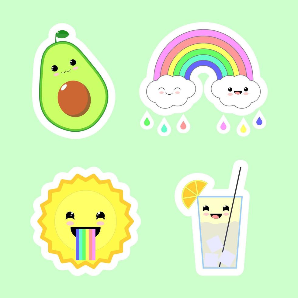 Four summer stickers in kawaii style vector