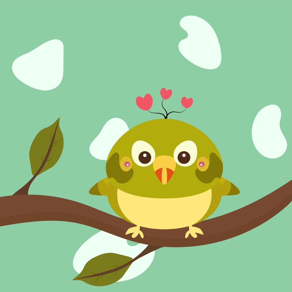 green bird with a heart on its head sits on a branch with green leaves vector