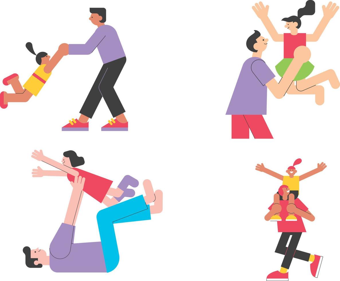 Man and woman doing different activities. Flat style vector illustration set.