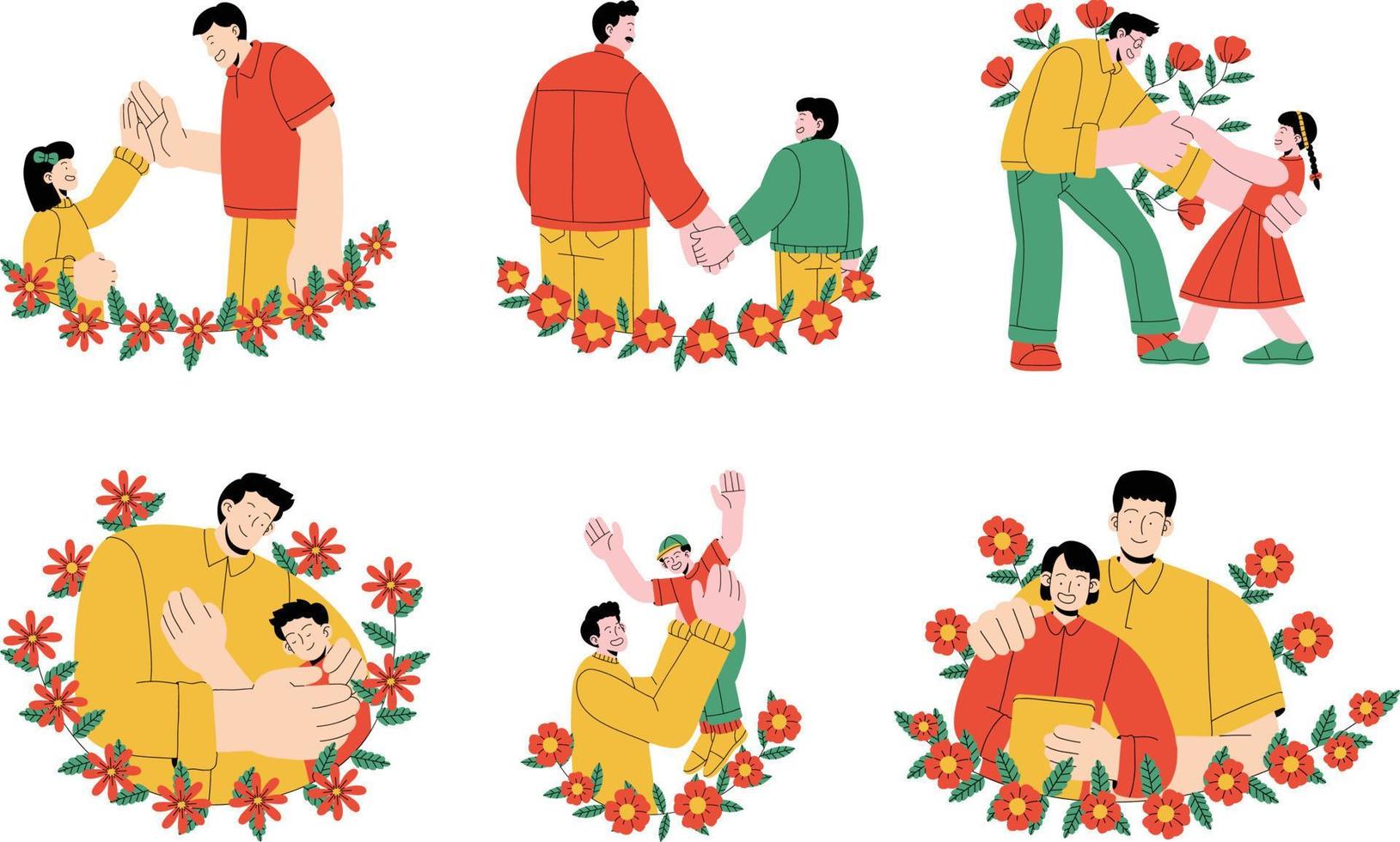 Happy family, mother, father, son, daughter and son in floral wreaths. Flat vector illustration.