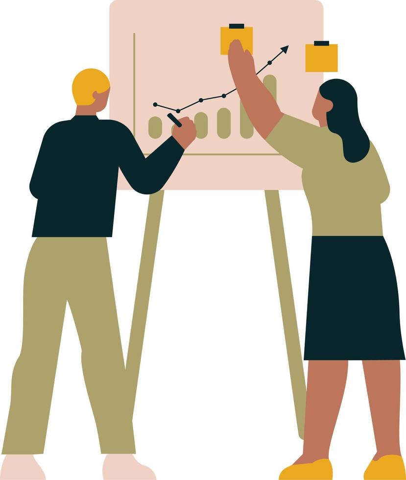 Businessman and businesswoman working on a whiteboard vector illustration graphic design