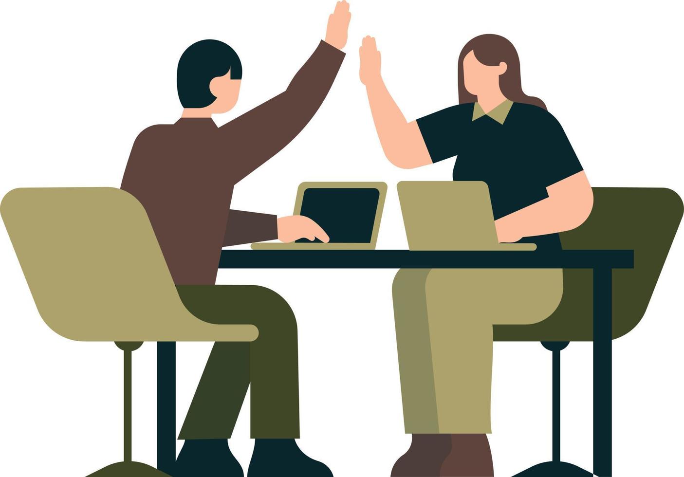 Man and woman sitting at the table with laptop and giving high five. Flat vector illustration.