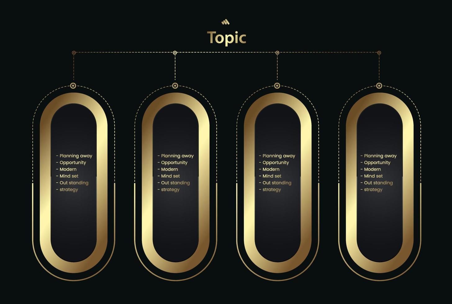 Set of remium golden options on a dark background. Four golden infochart template with luxury golden iconsVector multipurpose Infographic template with four elements vector