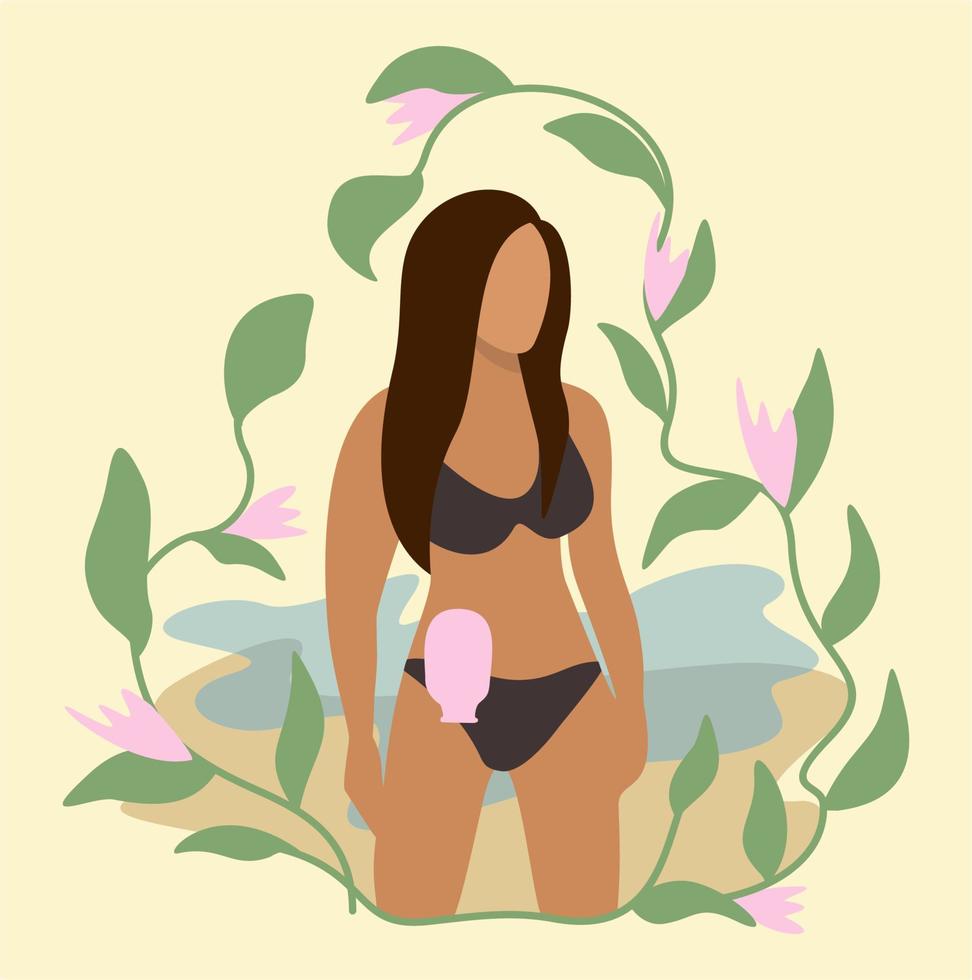 Ostomy bag. Young woman in bikini on the beach. vector