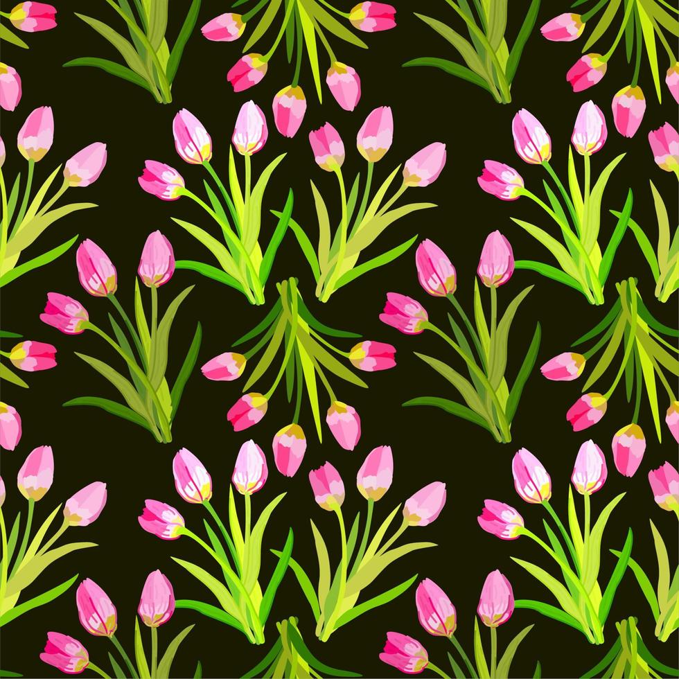 Vector seamless floral pattern with pink tulips on dark background.