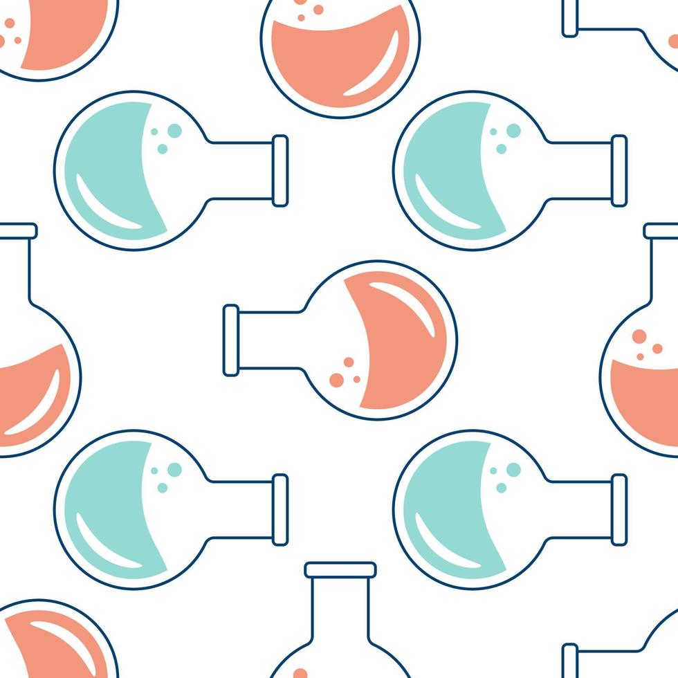 Seamless pattern on the topic of chemistry with flasks, test tubes, molecules vector