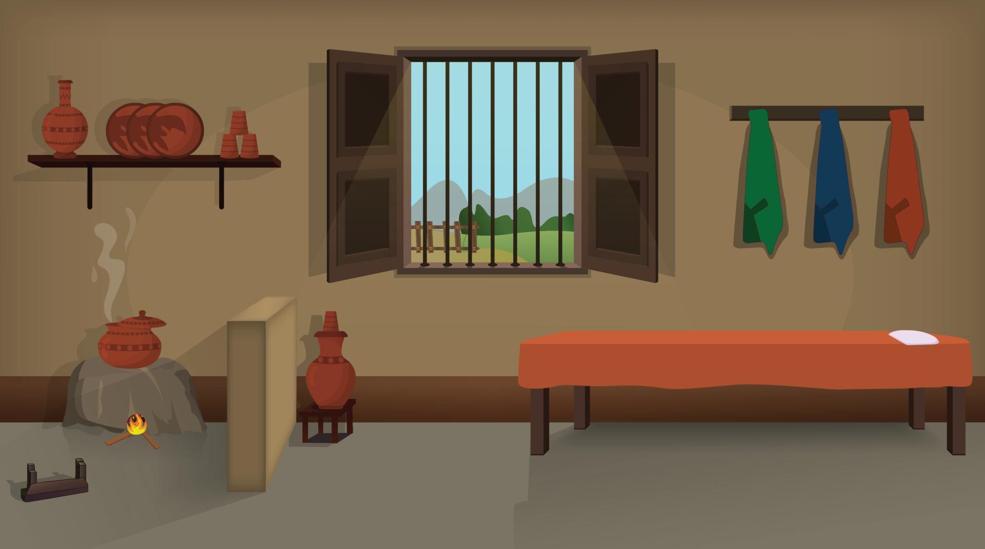 Village room inside vector, poor mud house room interior cartoon