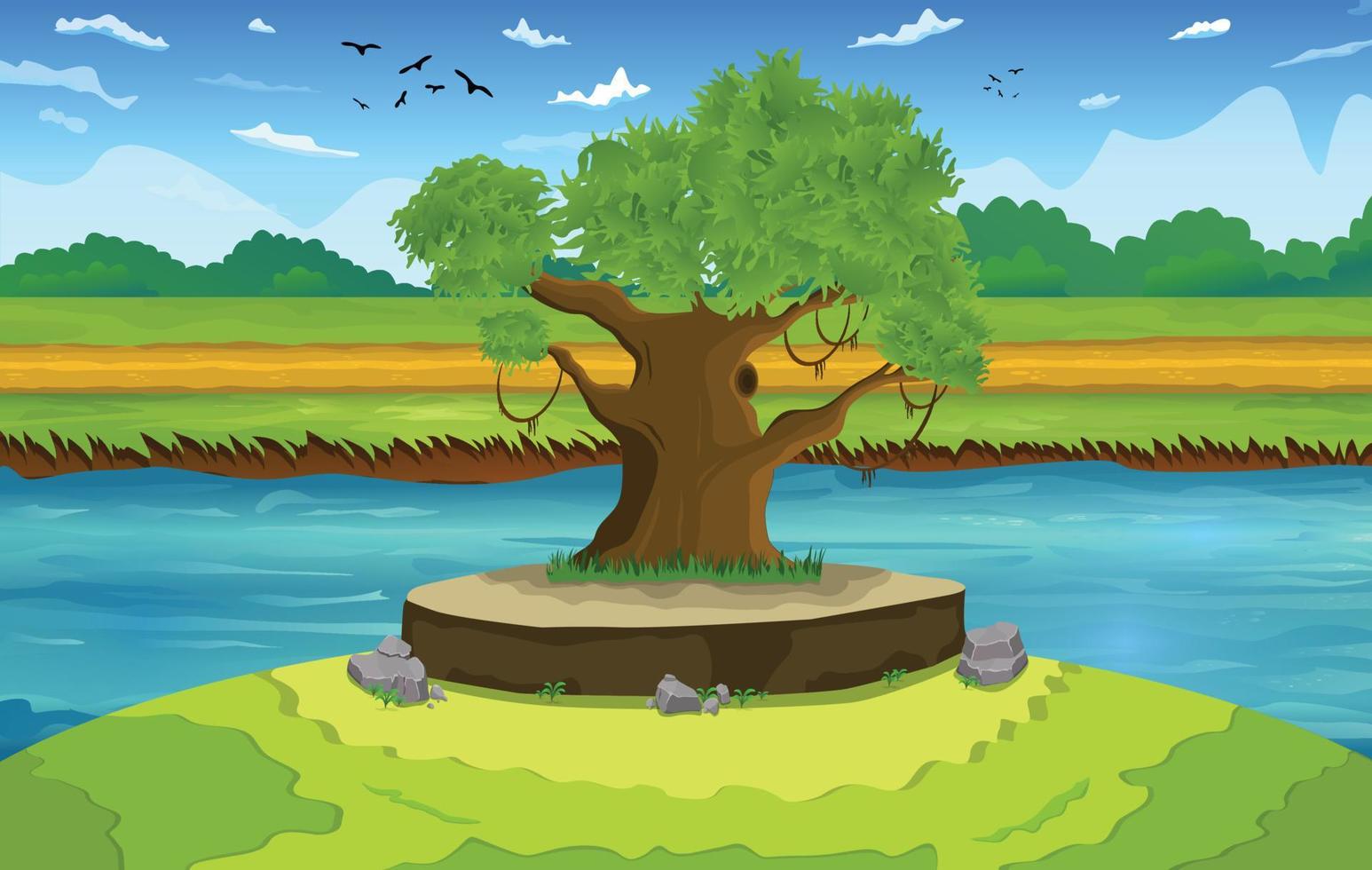 vector ilustración de un hermosa natural paisaje con isla, lago, suelo, la carretera dibujos animados antecedentes