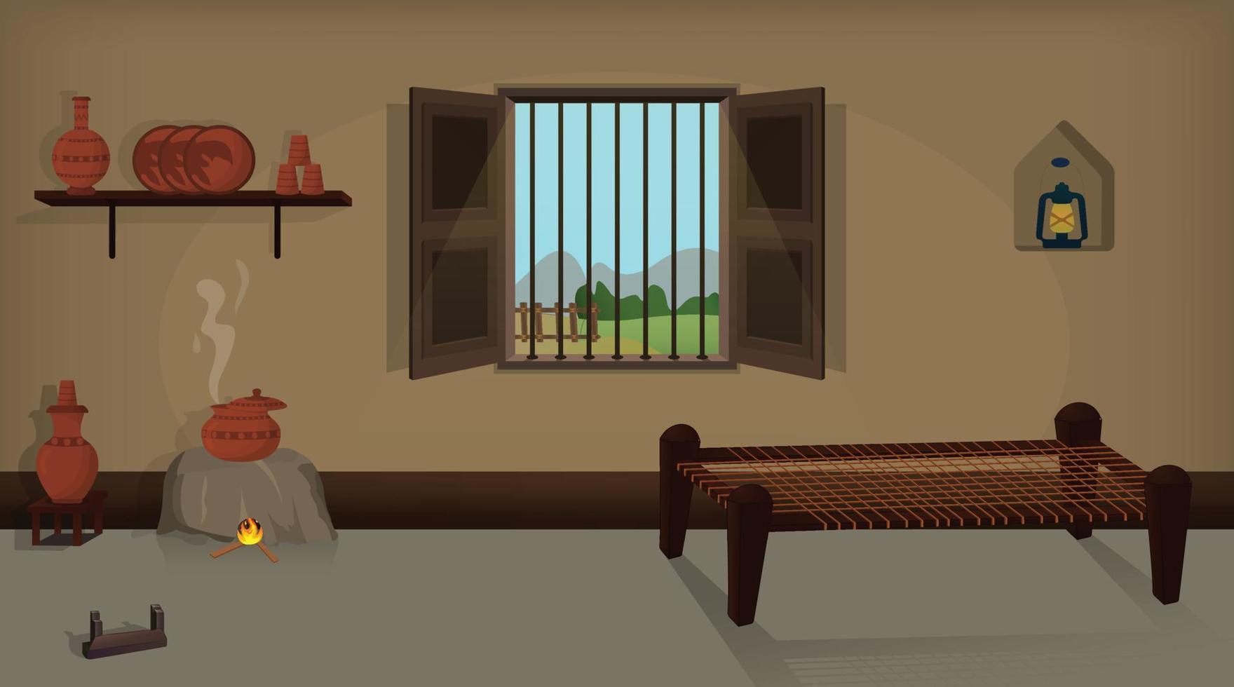 Village room inside vector, poor mud house room interior cartoon background illustrations. vector