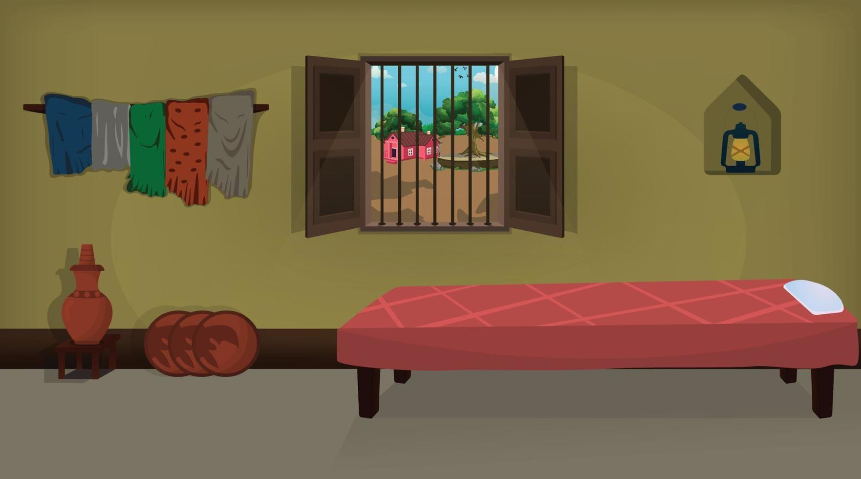 Village room inside vector, poor mud house room interior cartoon background illustrations. vector