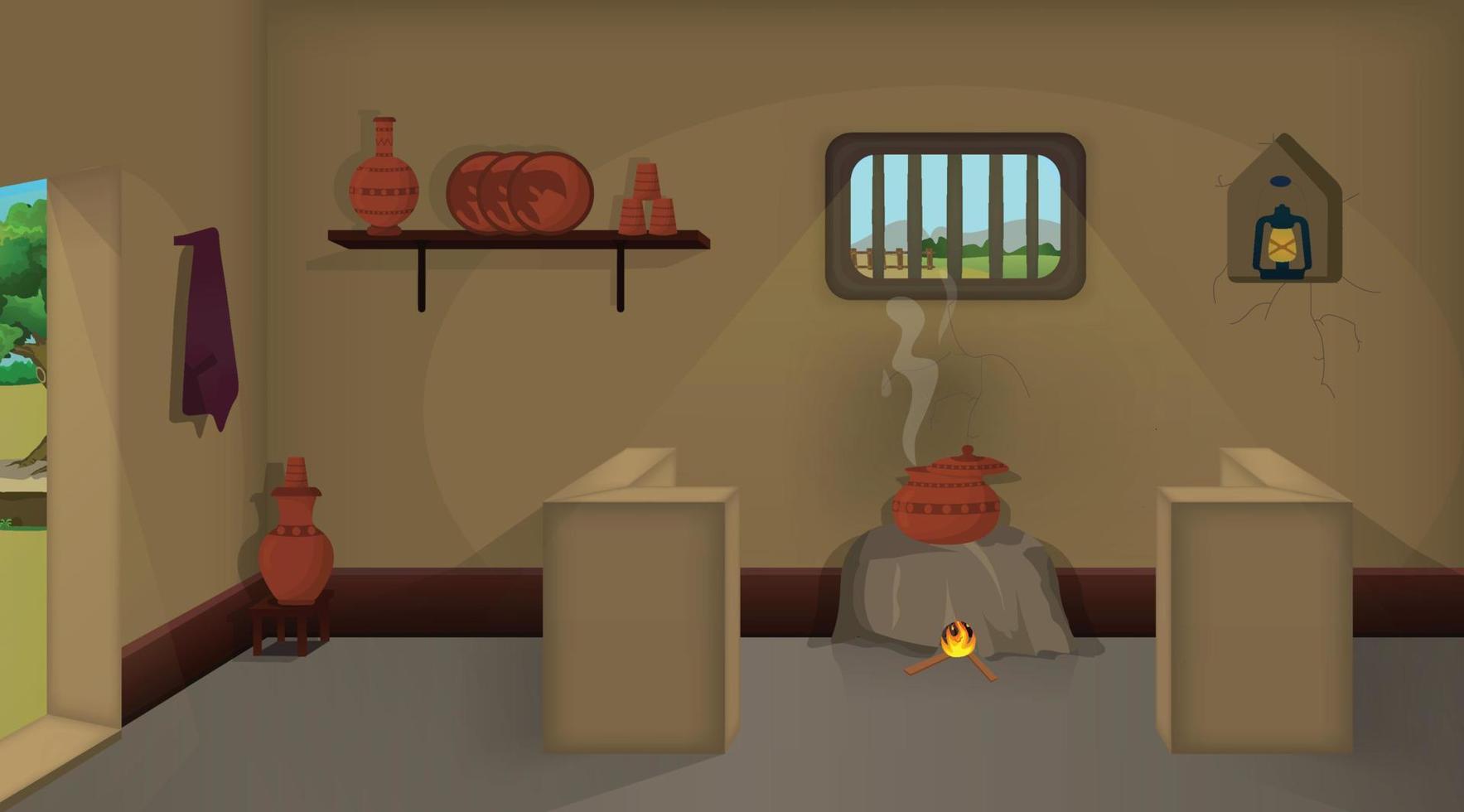 Village room inside vector, poor mud house room interior cartoon background illustrations. vector