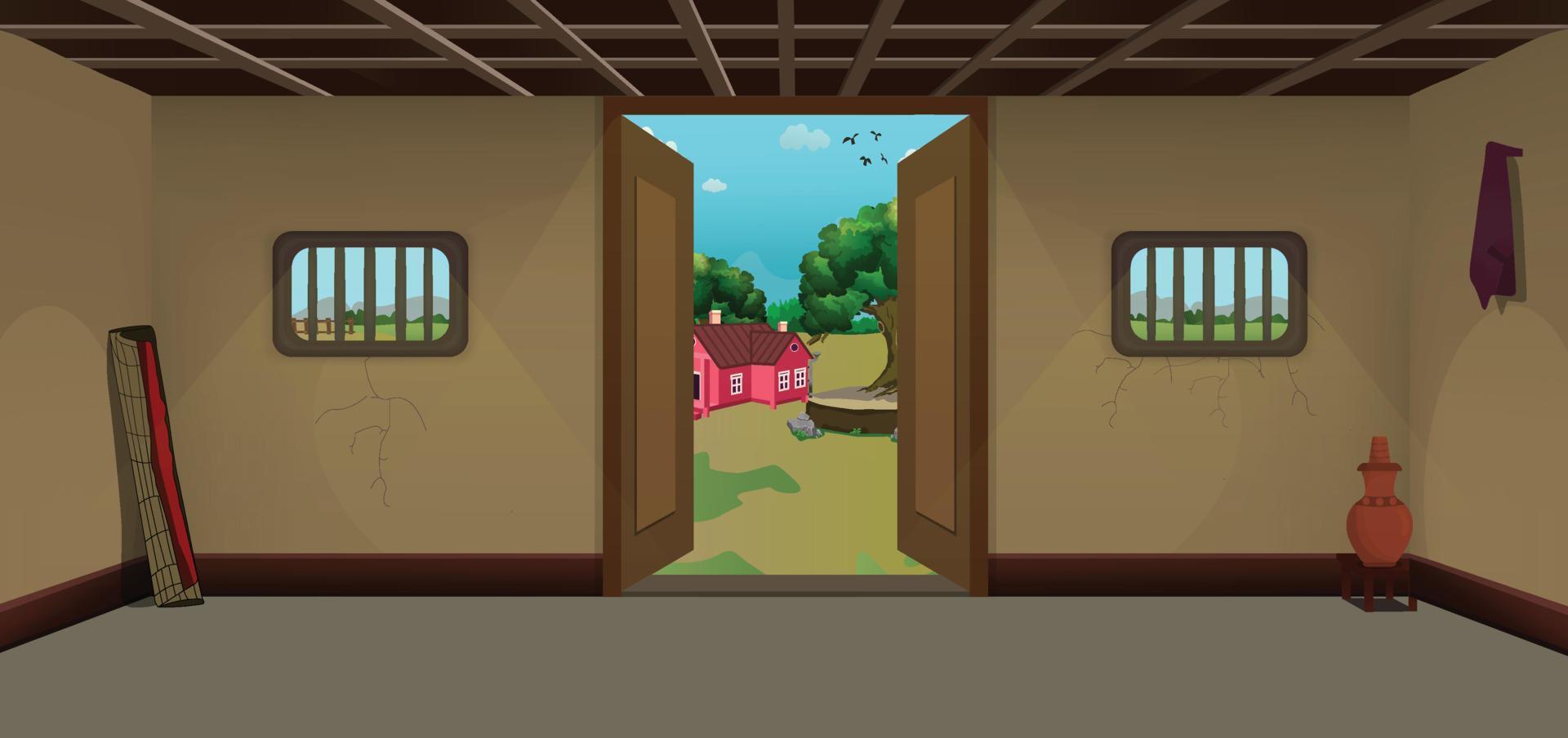 Village room inside vector, poor mud house room interior cartoon background illustrations. vector