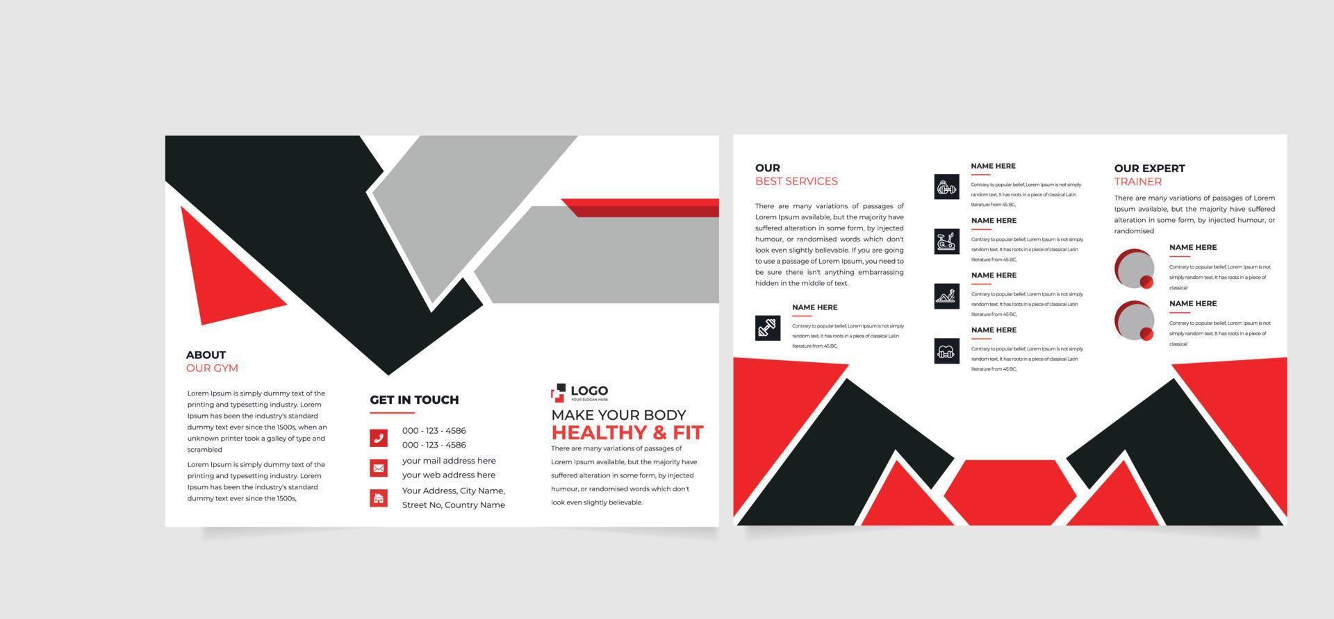 Gym tri-fold brochure design template, Fitness cover page, and brochure yoga flyer design vector