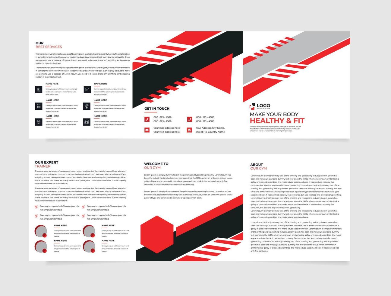 Fitness, Gym or Health square tri-fold brochure design template, Fitness Agency cover brochure flyer design template. Creative concept folded flyer or brochure vector