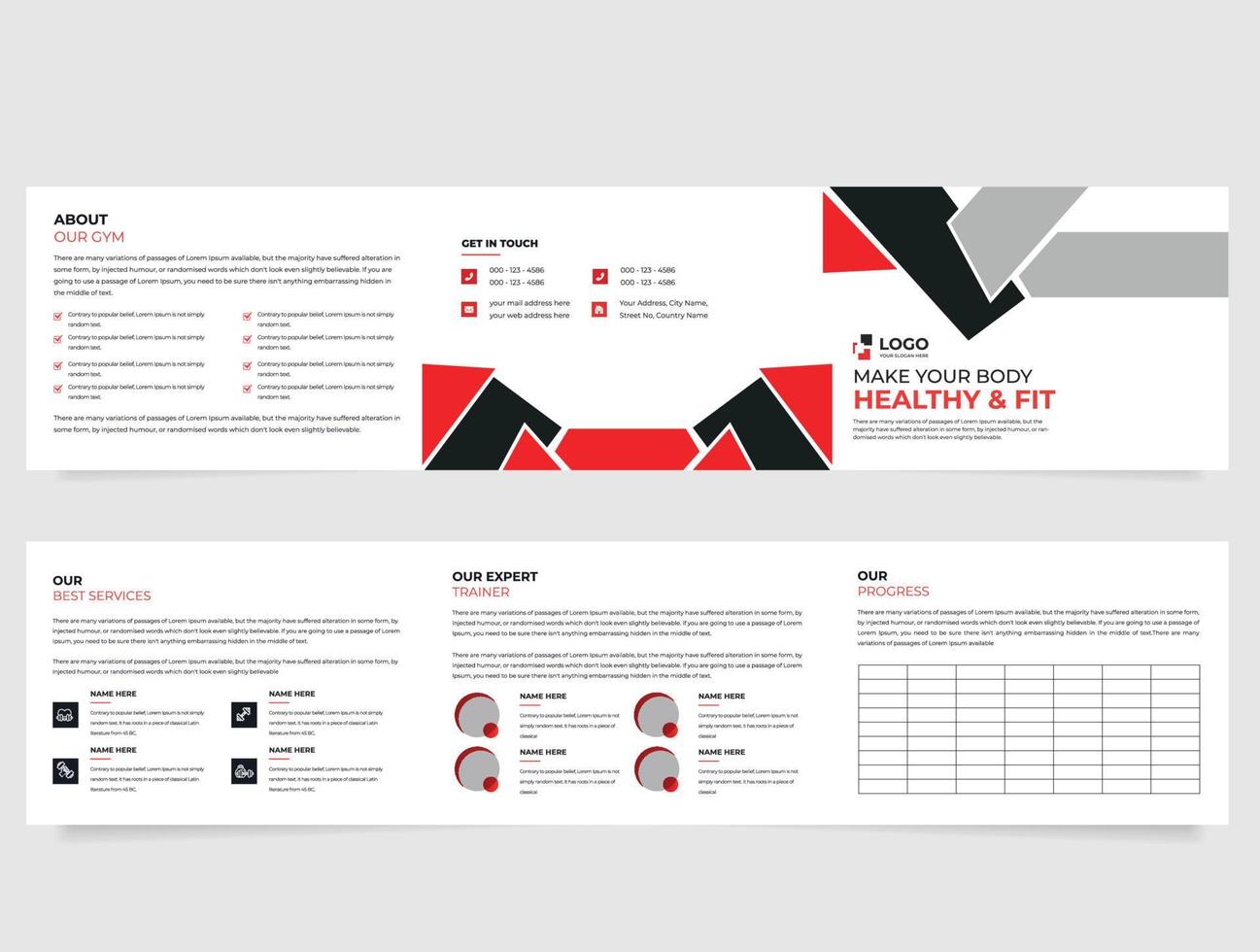 Fitness, Gym or Health landscape tri fold healthcare Business brochure design minimal and modern Fitness cover page, and brochure yoga flyer design template vector