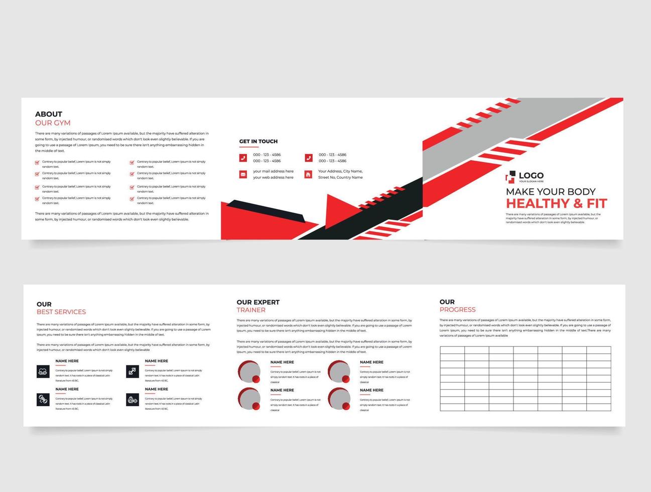 aptitud física, gimnasio o salud paisaje tri doblez cuidado de la salud negocio folleto diseño mínimo y moderno aptitud cubrir página, y folleto yoga volantes diseño modelo vector