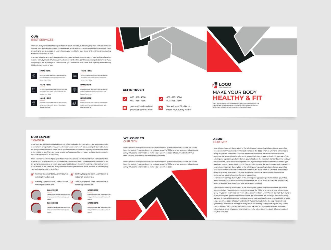 Fitness, Gym or Health square tri-fold brochure design template, Fitness Agency cover brochure flyer design template. Creative concept folded flyer or brochure vector