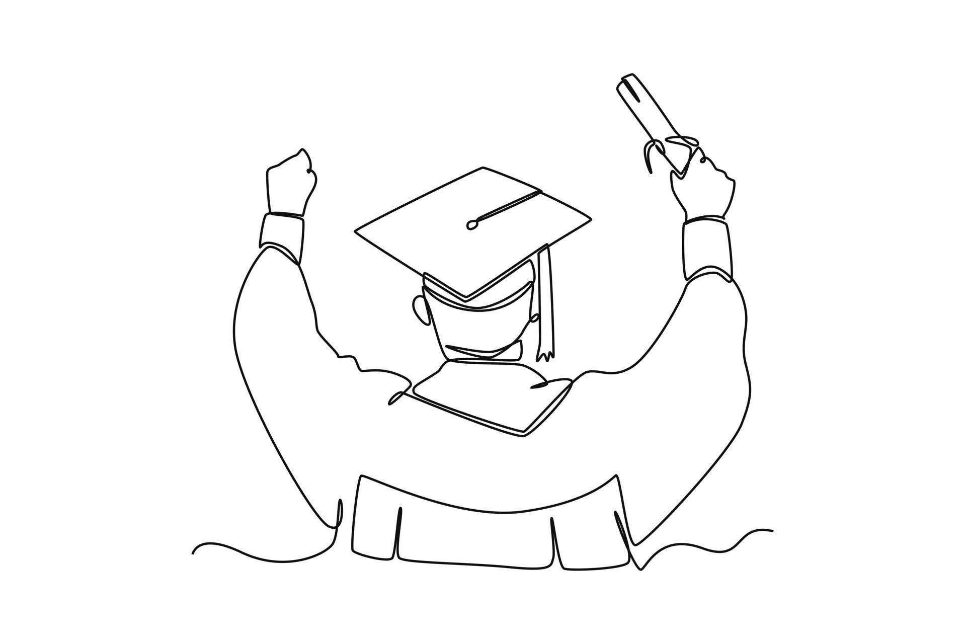 Single one-line drawing happy graduate holding up his certificate ...