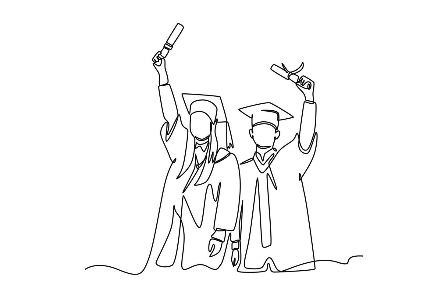 Single one-line drawing two best friends hugging on graduation day. Graduation concept. Continuous line draw design graphic vector illustration.