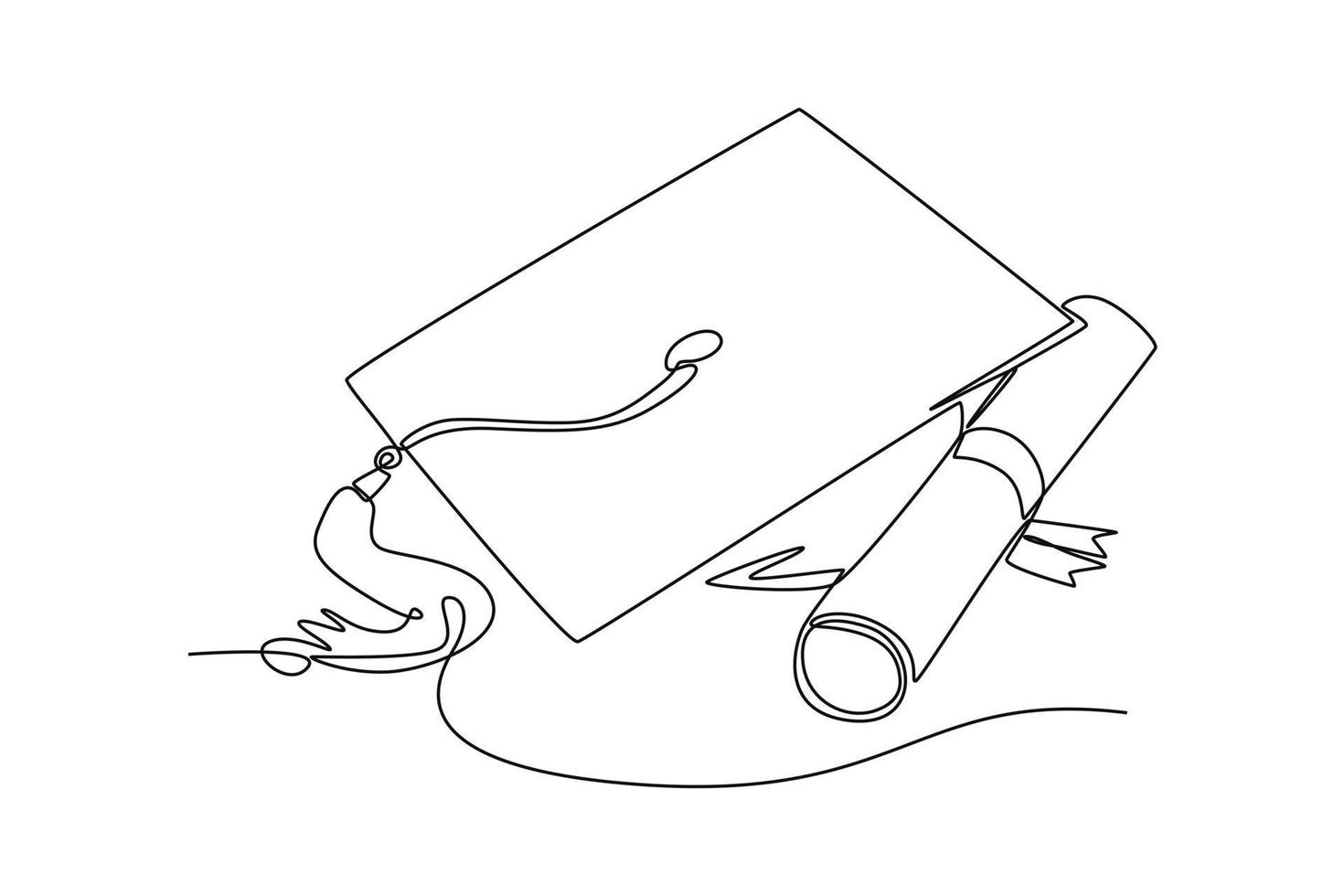 Single one-line drawing graduation paper rolls and graduation hat. Graduation concept. Continuous line draw design graphic vector illustration.