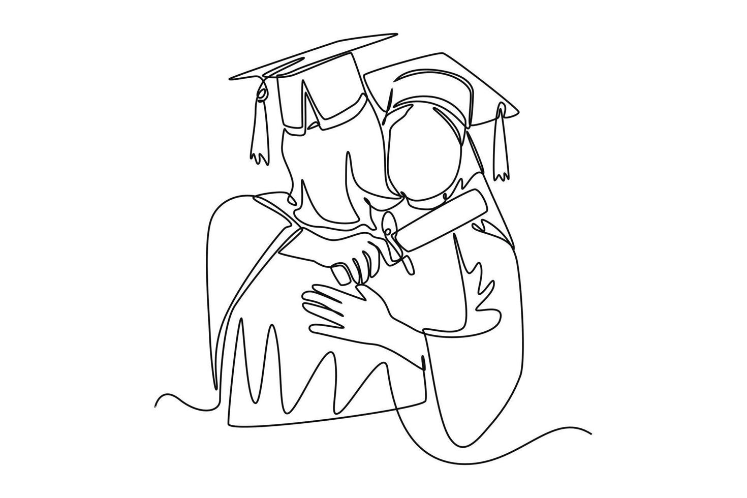 Single one-line drawing two best friends celebrating graduation together. Graduation concept. Continuous line draw design graphic vector illustration.