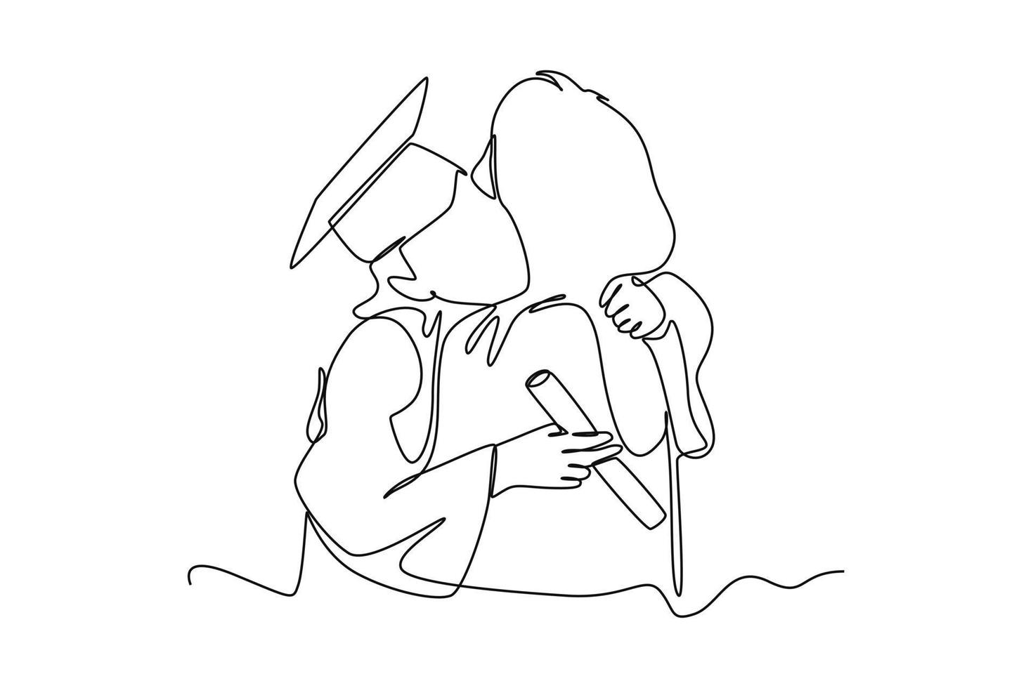 Single one-line drawing a woman hugging her mother on graduation day. Graduation concept. Continuous line draw design graphic vector illustration.