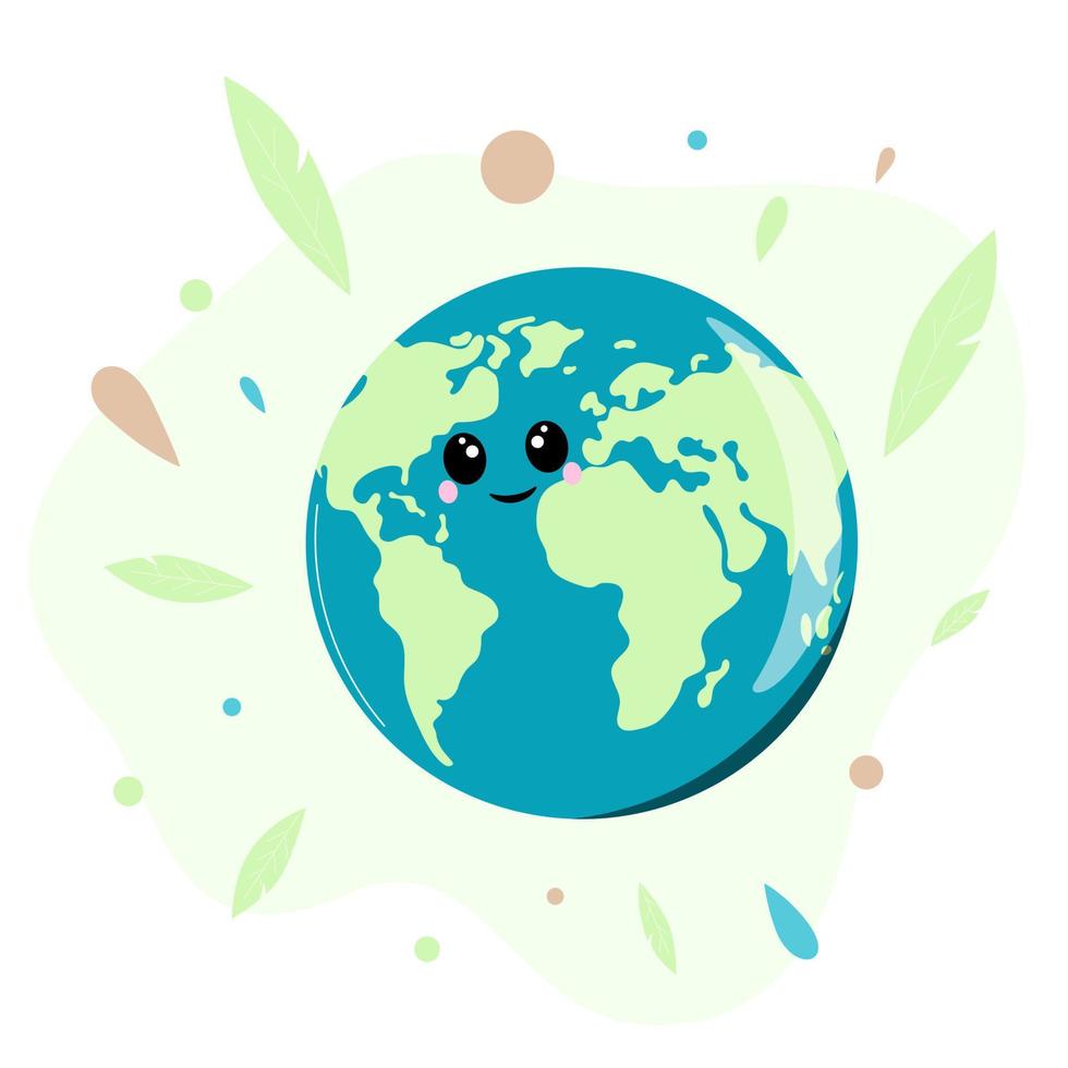 Zero waste. Green planet Earth with leaves. Cartoon Earth. Save the planet. Earth Day concept. World Environment Day. vector