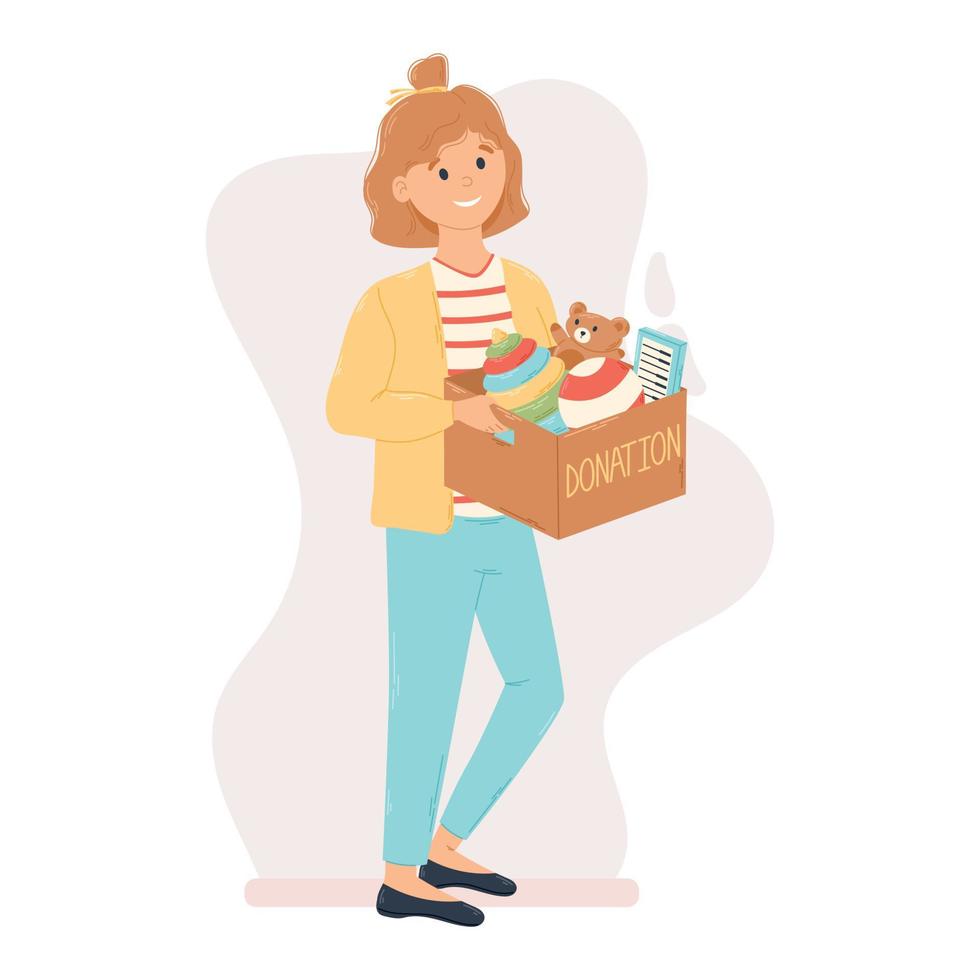 Cartoon Smiling Girl holding Donation cardboard Box full of Toys. Social care and support for poor children. vector