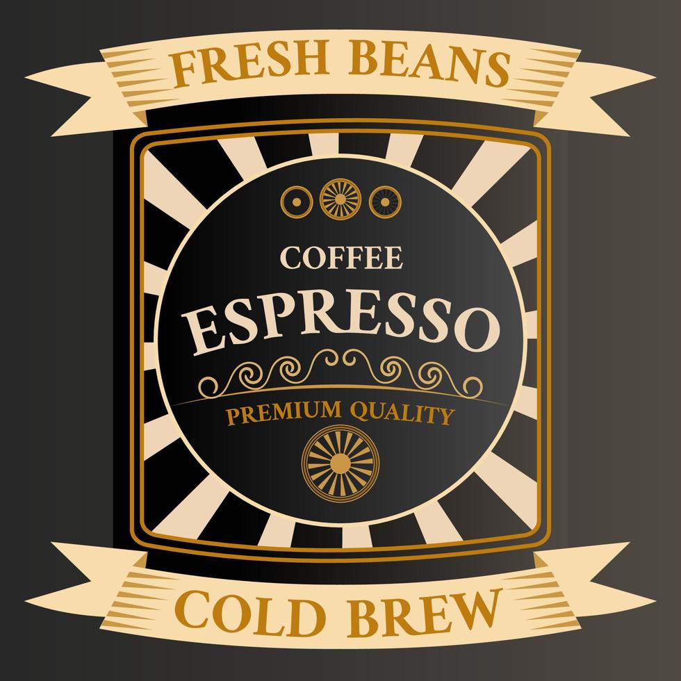 Coffee labels with coffee beans, ribbon and in retro style with inscription Espresso in figured frame. vector