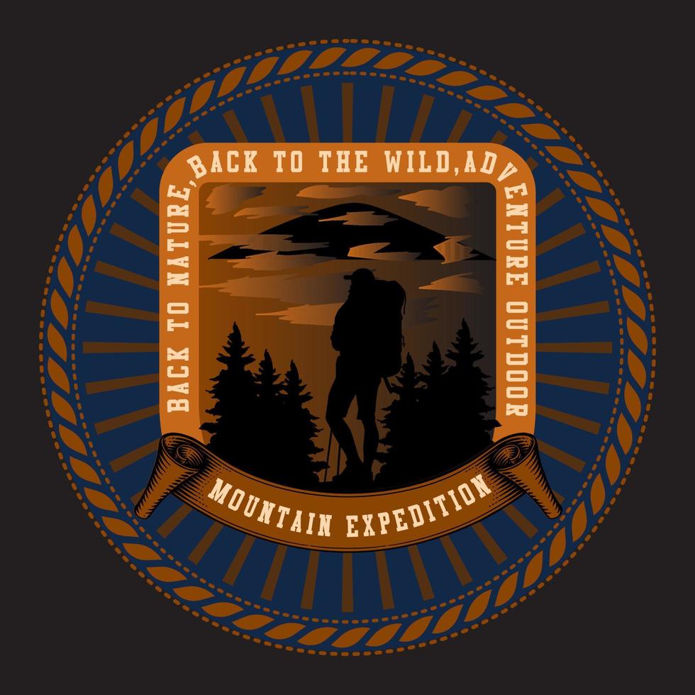 Back to Nature logo design in vector illustration with a man silhouette reaching the top of a mountain