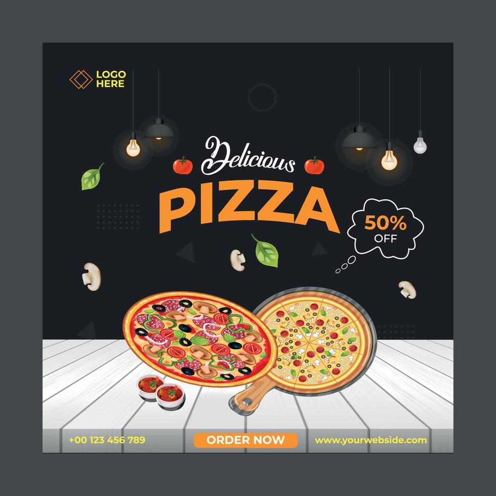 Delicious Pizza social media post template. Suitable for social media posts and web or internet ads. Vector illustration with Photo College.