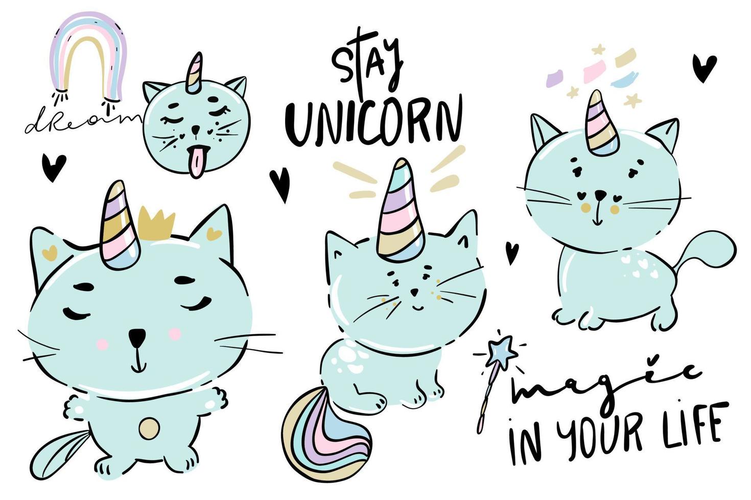 Vector illustration of cute white cat unicorn or caticorn life activity planner including working, shopping, cooking, driving, working out, etc