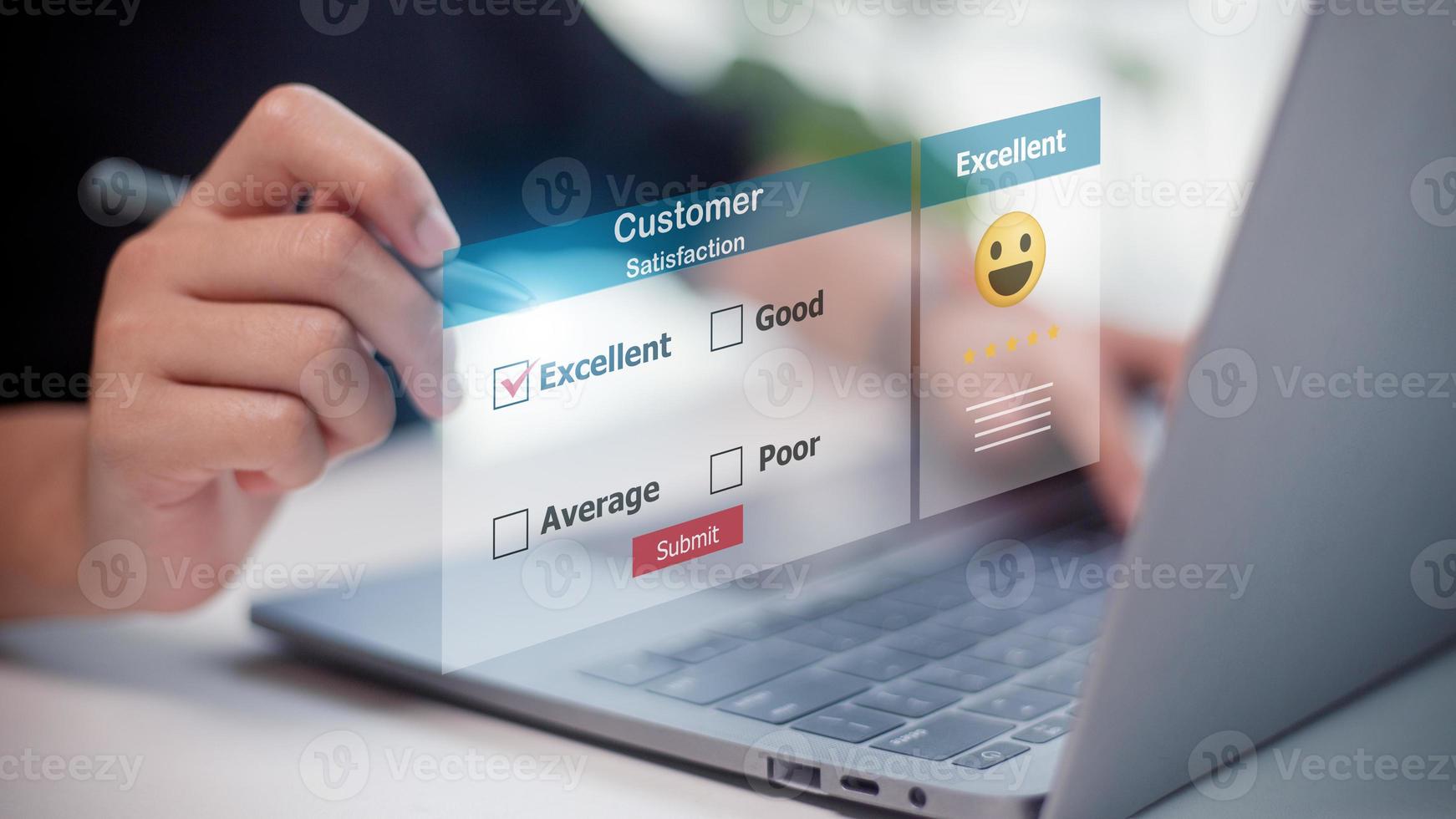 Businesswomen hand putting check mark a checkbox on excellent for a satisfaction survey. Customer service satisfaction survey, Excellent Customer Service Evaluation. photo