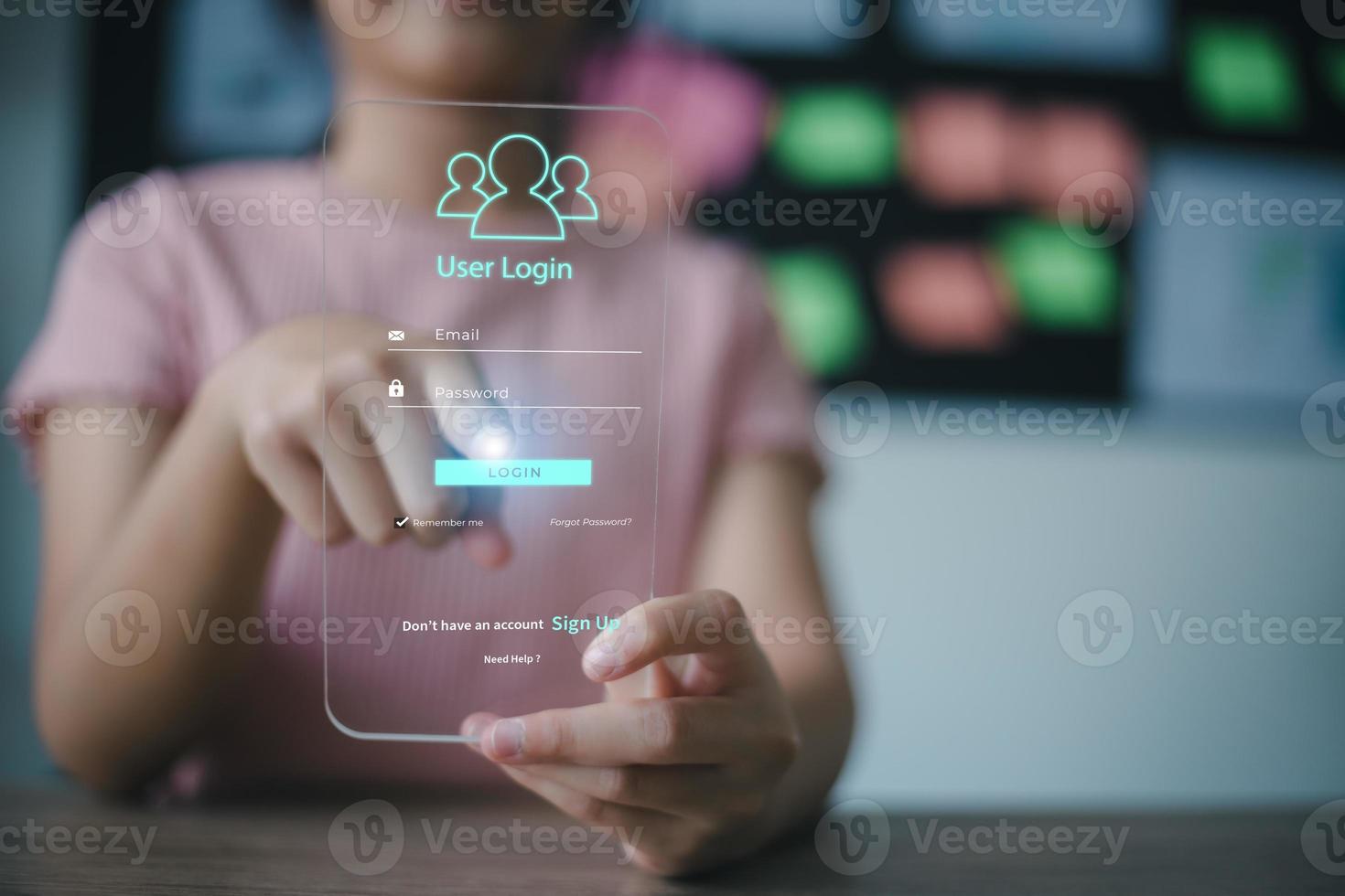 Women use an access window to log in enter passwords on a futuristic virtual screen, Sign up with username password, Cyber protection, Information privacy. Protection Internet and Technology Concept. photo