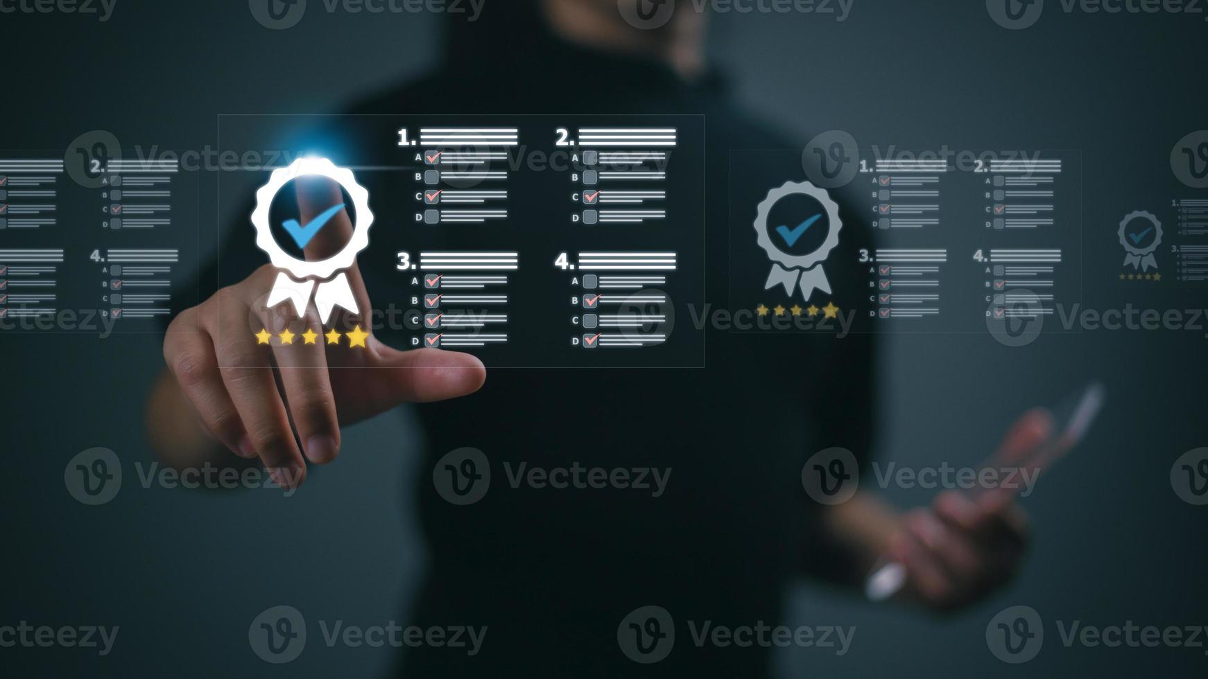 Businesswoman checks satisfaction ratings online documents to improve customer development and satisfaction with the product. Customer Satisfaction Guarantee concept on virtual screens, photo