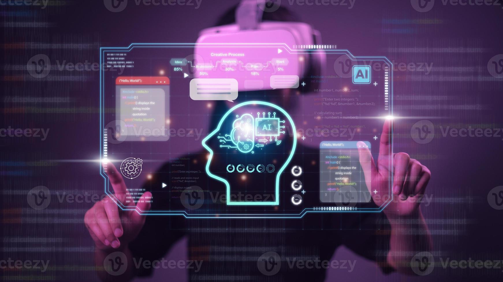 Women using technology smart robot AI, Chatbot Chat with AI, Artificial Intelligence.  artificial intelligence by enter command prompt for generates something, Futuristic technology transformation. photo
