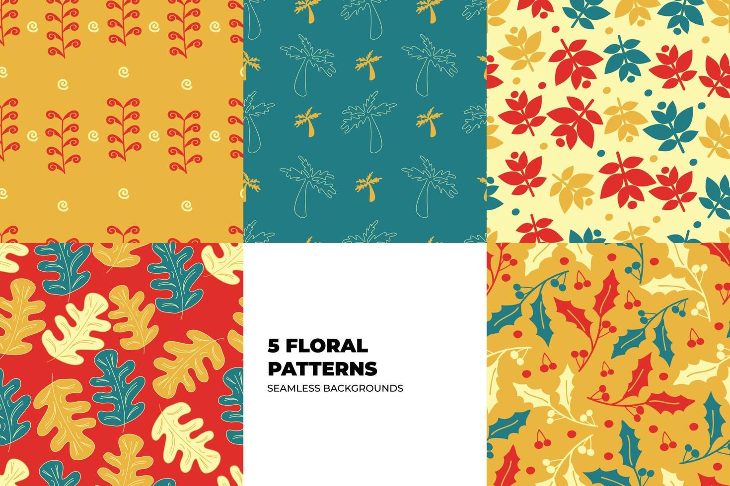 Floral seamless pattern set. Leaves and flowers in red and yellow tones. Repeating vector backgrounds for paper, cover, fabric, interior decor and textile users. Vector illustration.