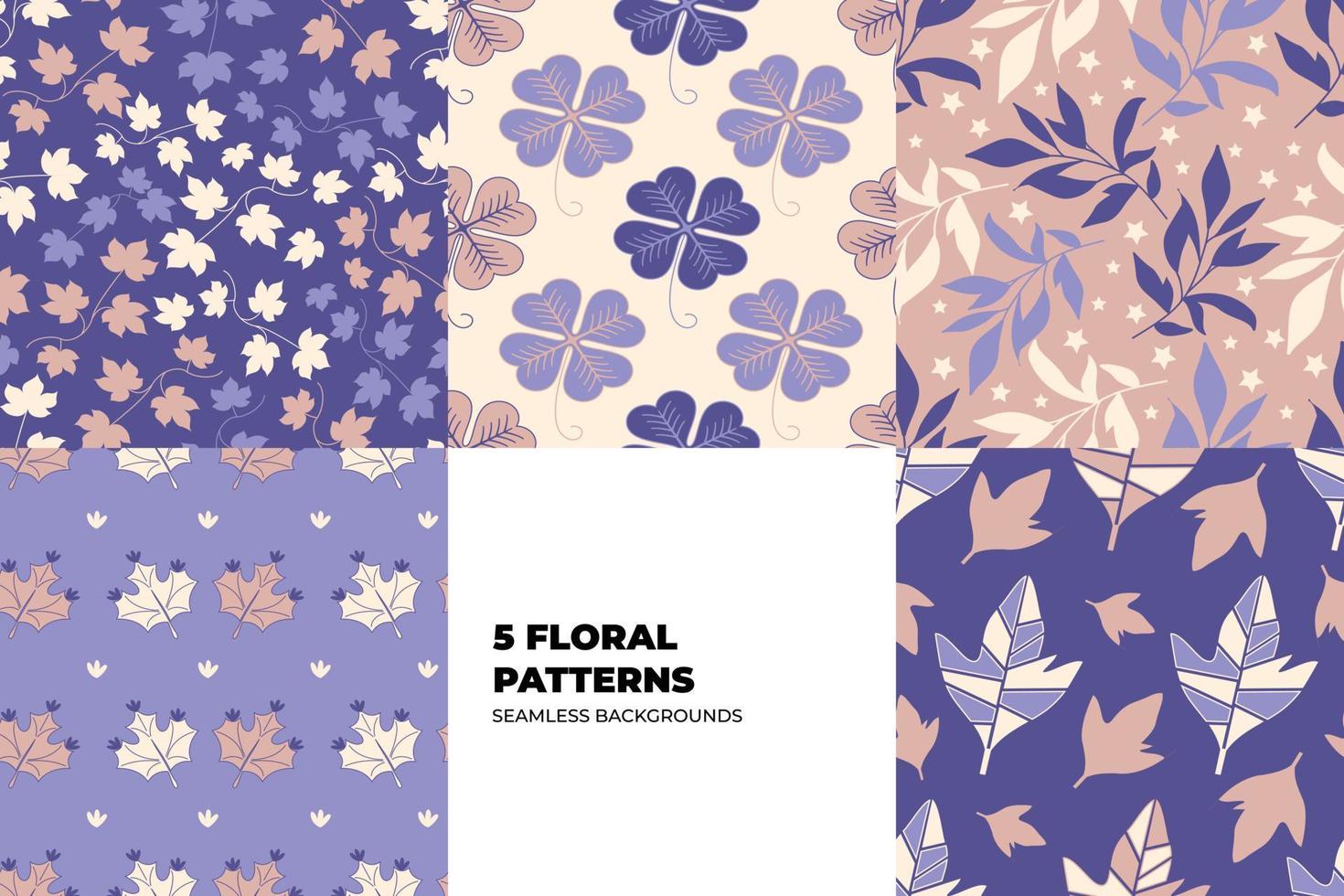 Floral seamless pattern set. Leaves and flowers in purple and lilac tones. Repeating vector backgrounds for paper, cover, fabric, interior decor and textile users. Vector illustration.