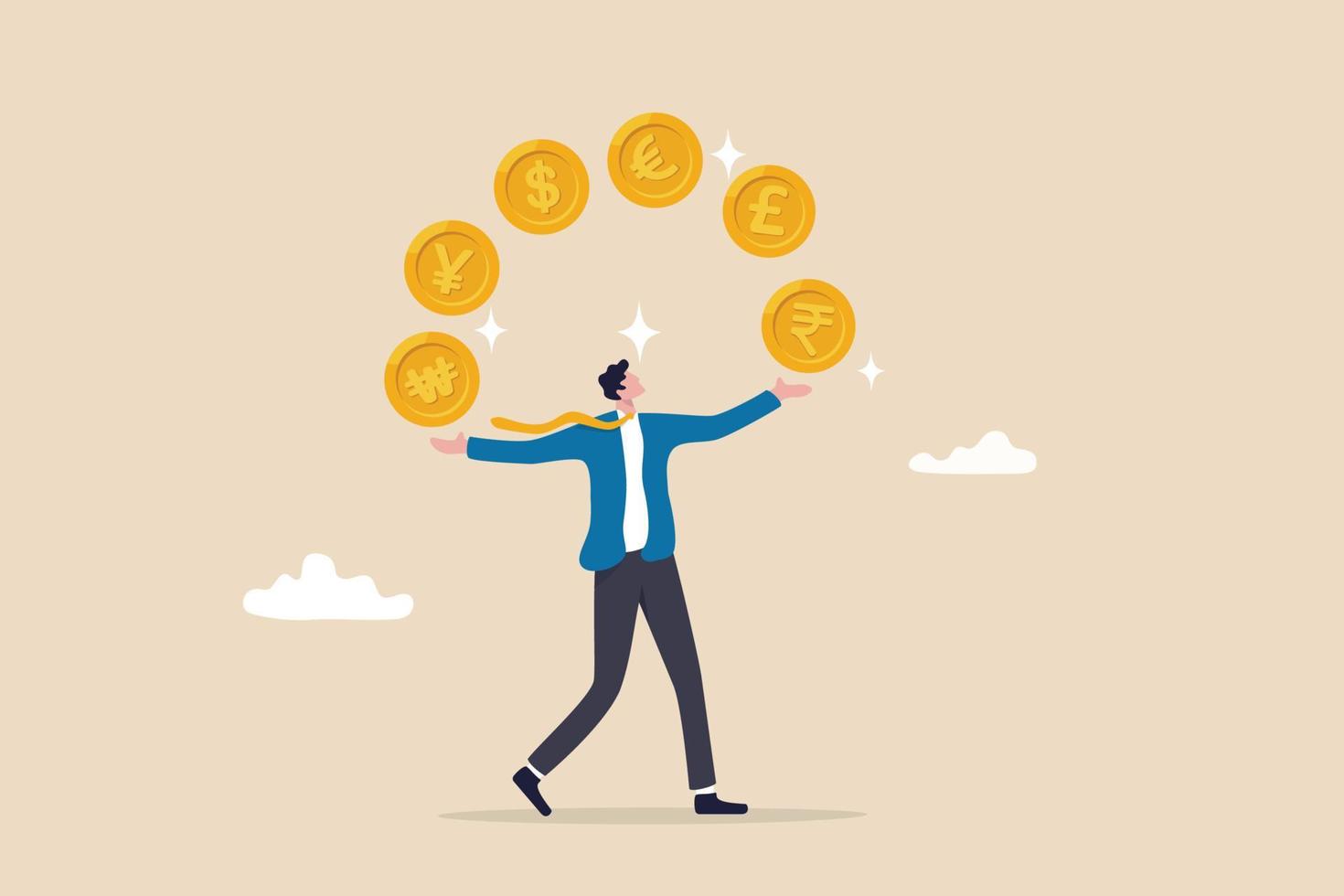 Currency exchange, international money transfer or foreign exchange, forex trading, global financial economy or currency convert concept, rich businessman juggling various international money coins. vector
