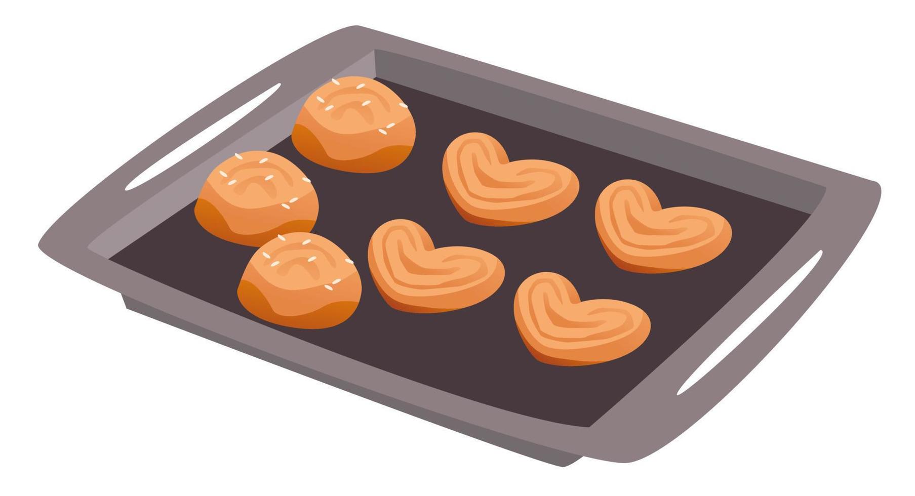 Cookies and buns on a baking sheet. Homemade baking. Cartoon vector illustration.